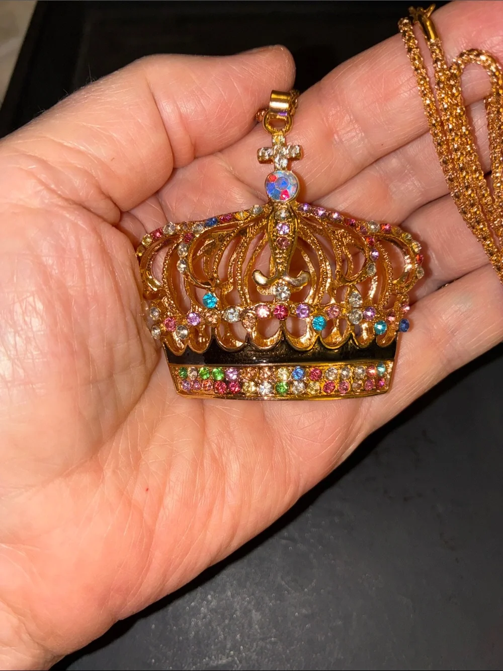 Gold Crown Pendant Necklace with Multicolor Crystals